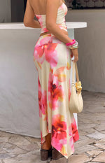 Alora Yellow and Pink Floral Print Hanky Hem Maxi Skirt