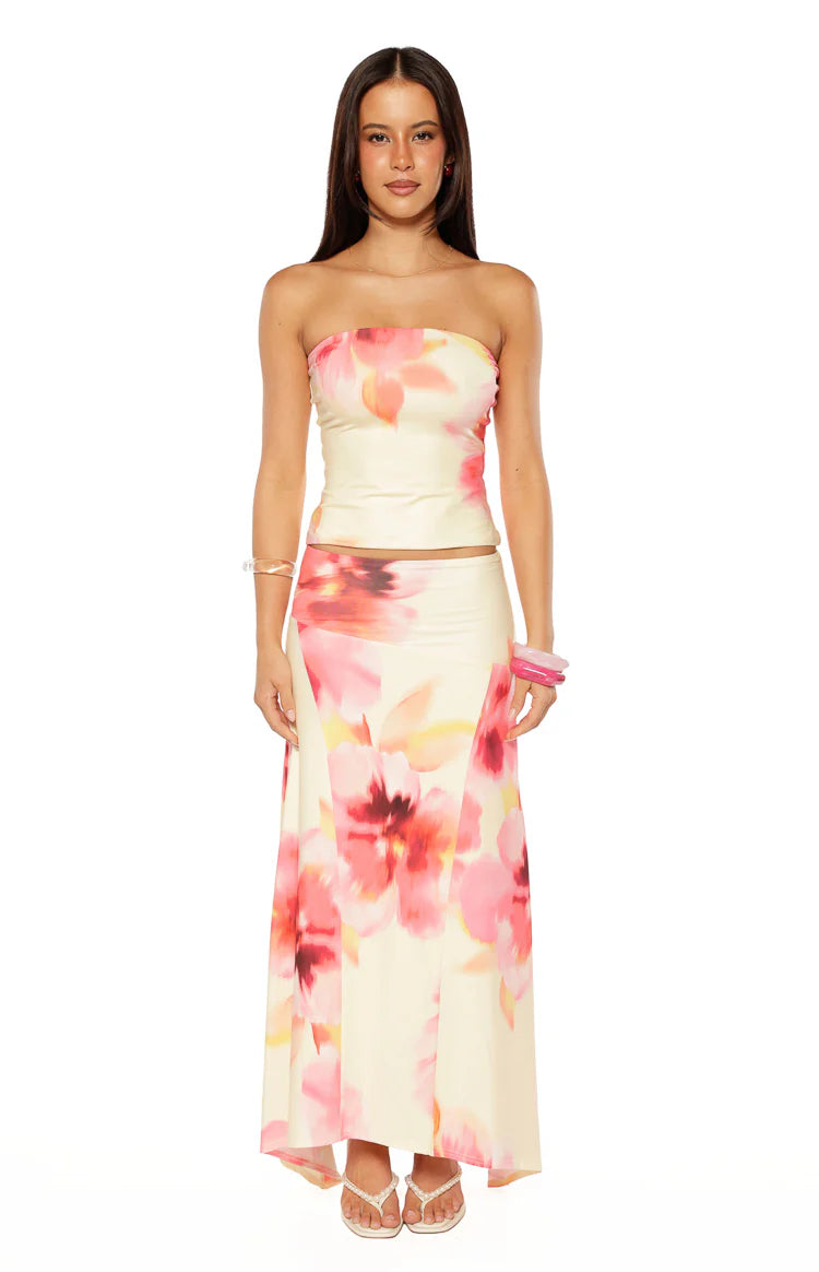 Alora Yellow and Pink Floral Print Hanky Hem Maxi Skirt