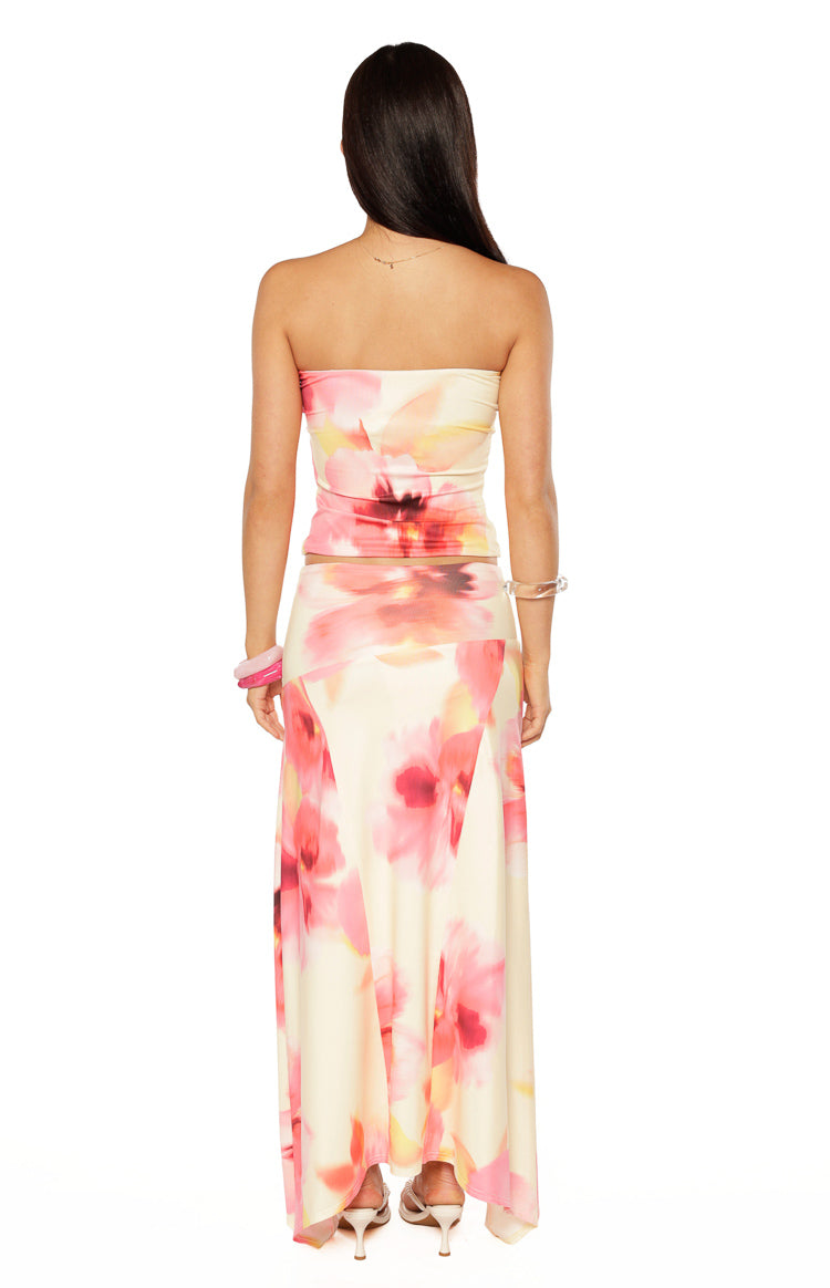 Alora Yellow and Pink Floral Print Hanky Hem Maxi Skirt Image