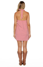Rear view of a red gingham mini dress with a halter neck tie and elasticated back