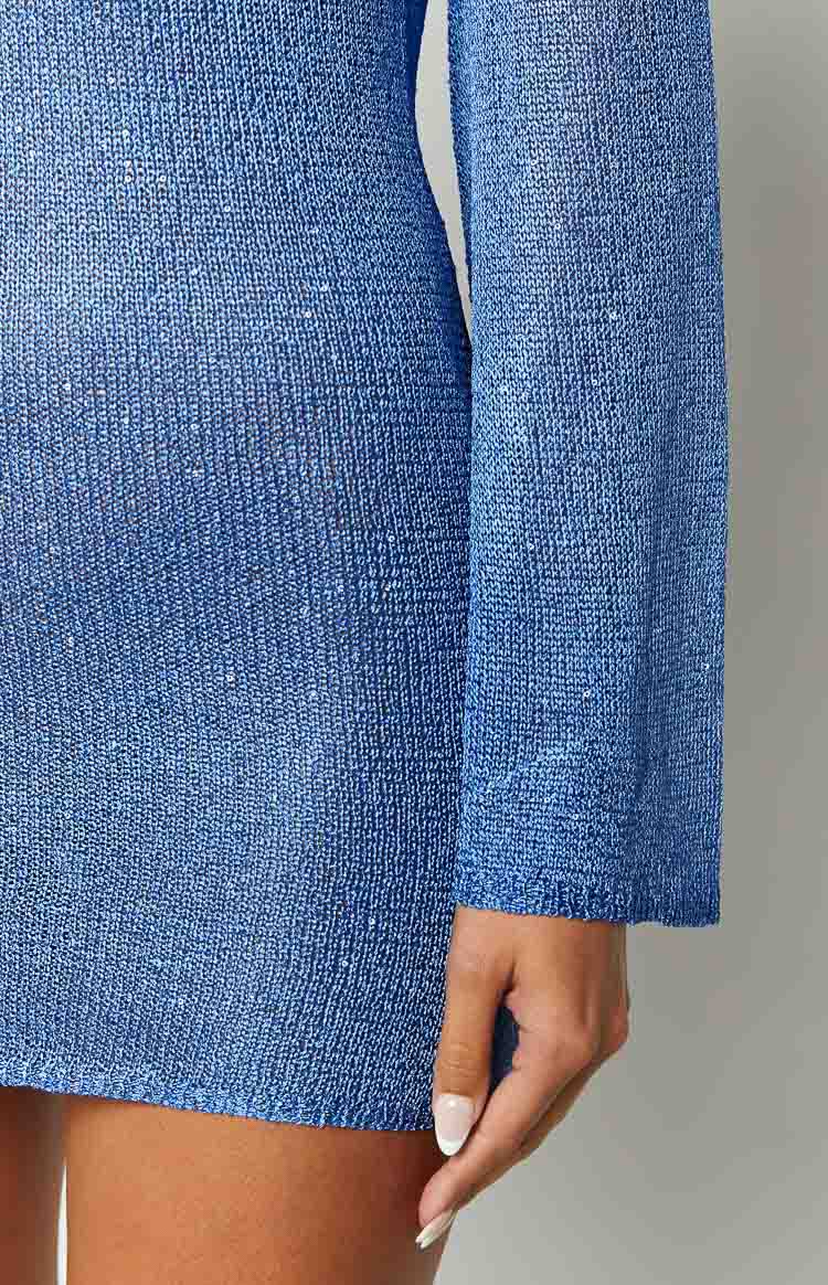 Alyiah Blue Sequin Knit Long Sleeve Mini Dress Image