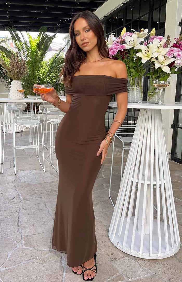 chinese dress ladies Brown Floral Lace Trim Maxi Dress Large