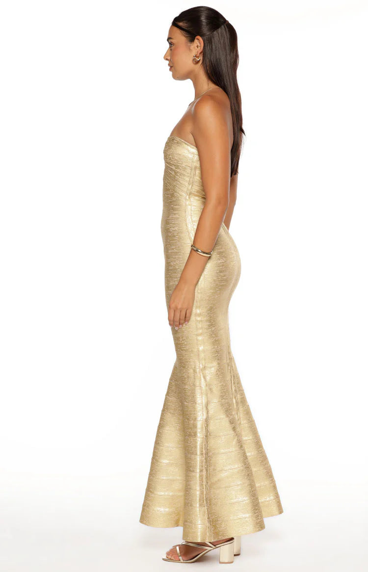 Amanda Gold Bandage Strapless Formal Maxi Dress - US 8 | Beginning Boutique Exclusive Amanda Gold Bandage Strapless Formal Maxi Dress - US 8 | Beginning Boutique Exclusive