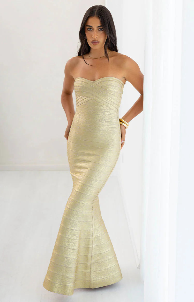Amanda Gold Bandage Strapless Formal Maxi Dress - US 8 | Beginning Boutique exclusive Amanda Gold Bandage Strapless Formal Maxi Dress - US 8 | Beginning Boutique exclusive