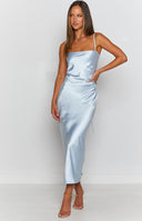 Beginning Boutique Amaryllis Dress Baby Blue baby blue satin midi dress with a low lace-up back and spaghetti straps