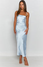 Baby blue cowl neck maxi dress with thin spaghetti straps and a silky texture