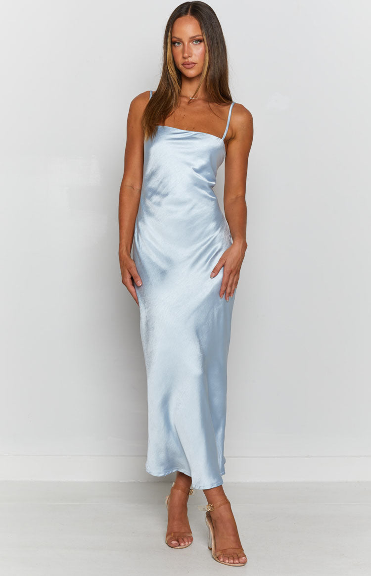 Baby blue cowl neck maxi dress with thin spaghetti straps and a silky texture