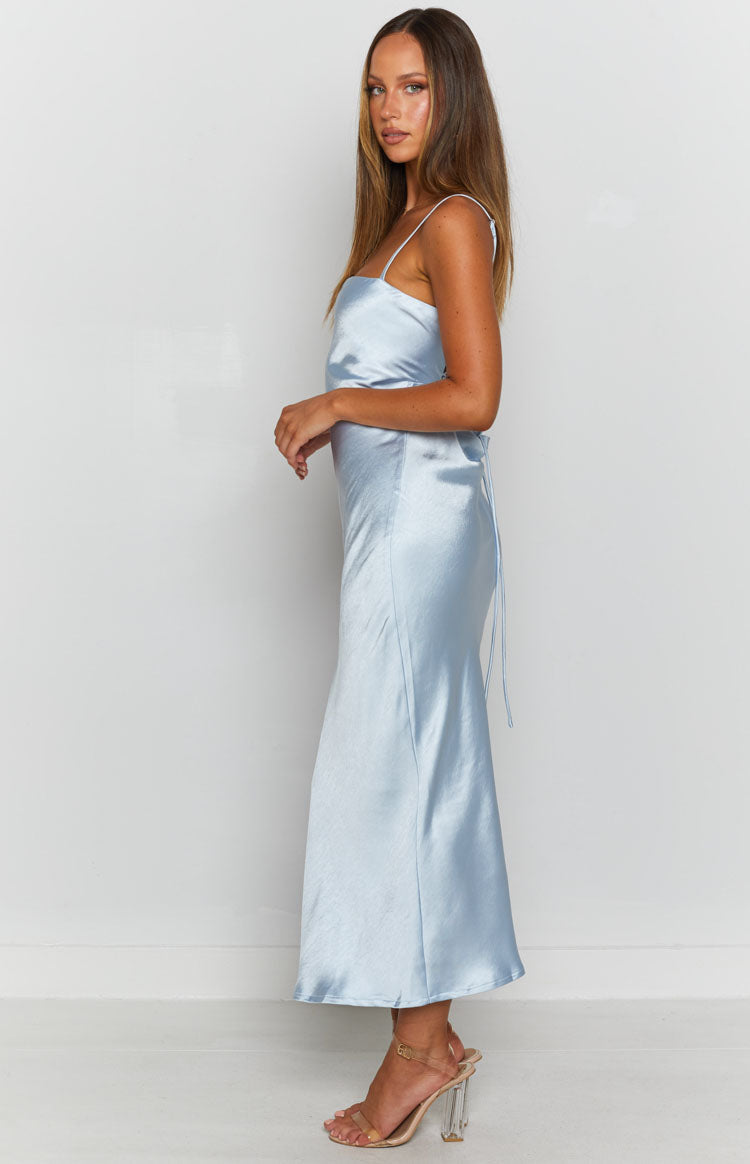 Baby blue satin maxi dress with a straight neckline, thin spaghetti straps, and delicate back ties