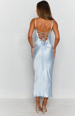 Baby blue satin midi dress with thin adjustable straps, a low cowl back, and criss-cross lace-up ties