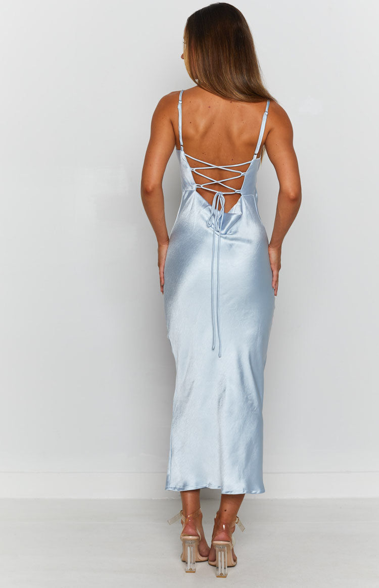 Baby blue satin midi dress with thin adjustable straps, a low cowl back, and criss-cross lace-up ties