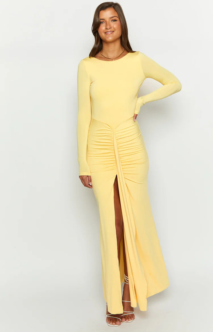 bright yellow long sleeve dress Amber Glow Yellow Long Sleeve Maxi Dress - US 10