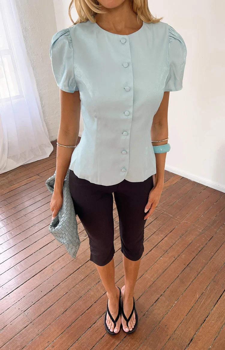 Amelina Blue Button Up Organza Top