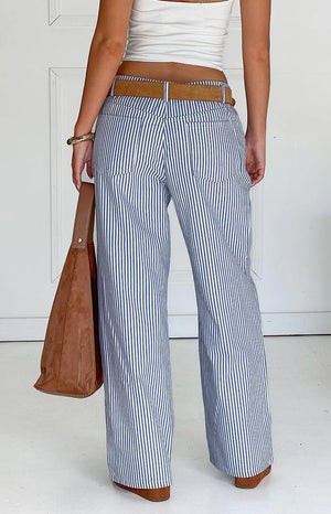 Amity Navy Stripe Mid Rise Straight Leg Jeans