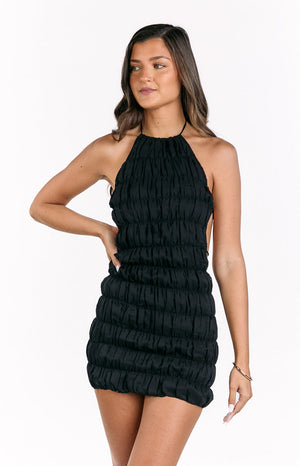 Beginning Boutique Amory Black Halter Party Mini Dress black ruched halter neck bodycon mini dress with open back