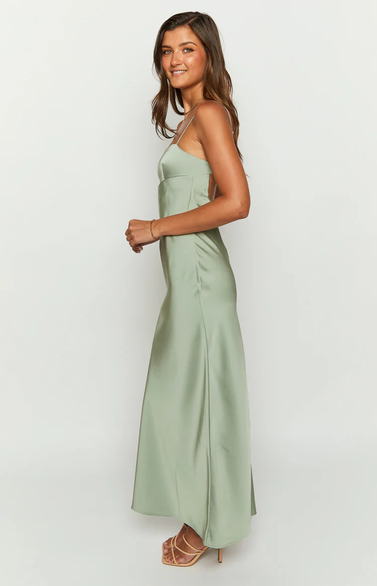 Amour Sage Satin Maxi Dress - US 12 | Beginning Boutique Exclusive Amour Sage Satin Maxi Dress - US 12 | Beginning Boutique Exclusive