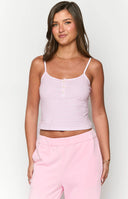 Beginning Boutique Andie Pink Striped Singlet pink and white striped ribbed knit singlet with spaghetti straps and button-front placket