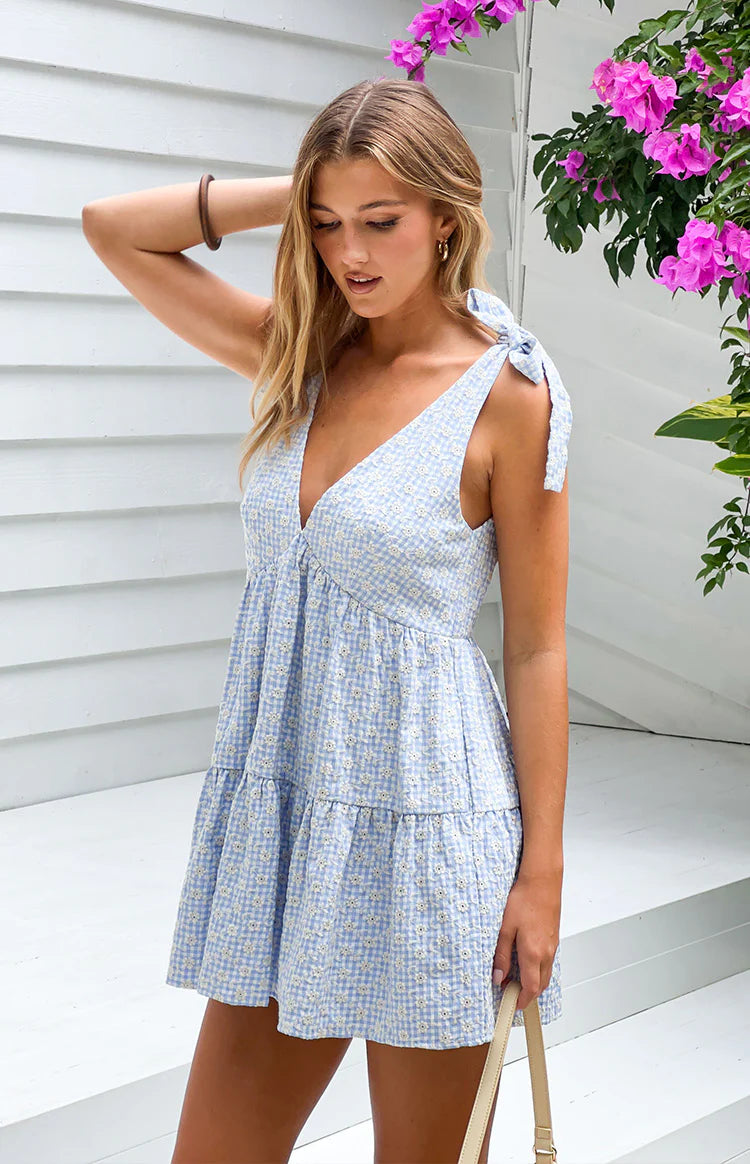 Angel Girl Blue Gingham Floral Mini Dress - US 2