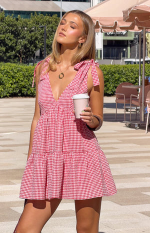 Beginning Boutique Angel Girl Red Gingham Mini Dress red gingham deep V-neck tie-shoulder sleeveless mini dress with tiered s
