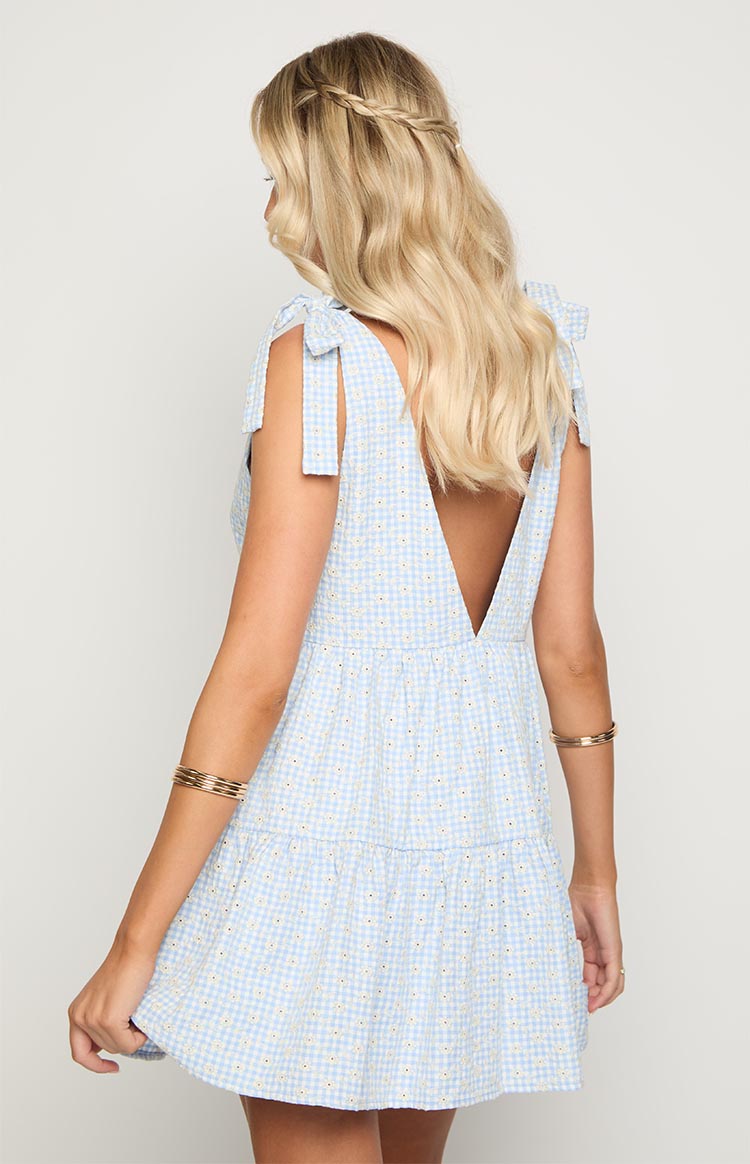 Rear view showing the deep V-back and shoulder ties of a blue gingham floral mini dress