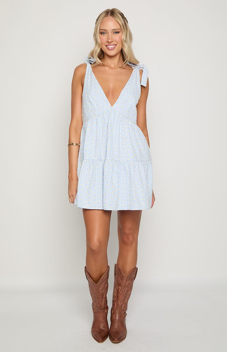 Light blue gingham mini dress with small yellow floral details, a deep V-neck, and tie-up shoulder straps
