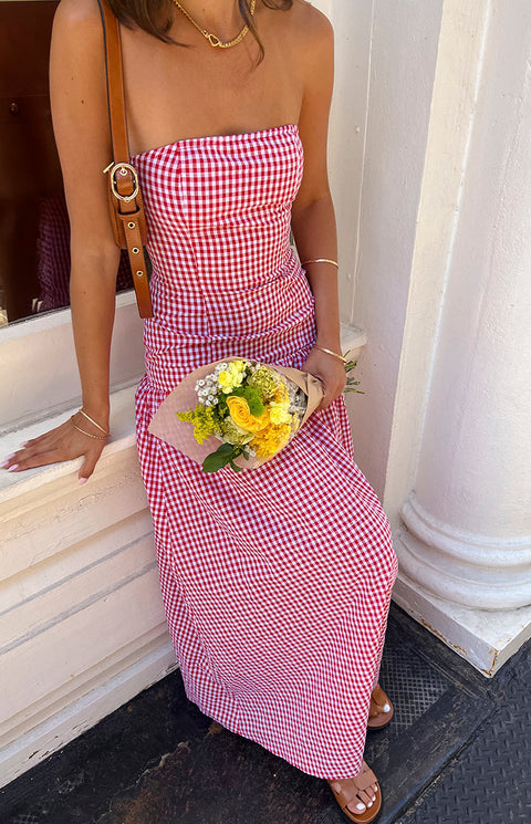 chinese dress ladies Angela Red Gingham Maxi Dress