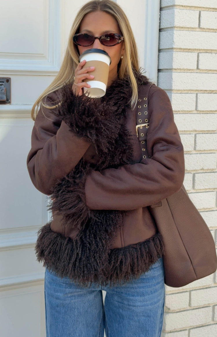 Beginning Boutique Anita Brown Fur Trim Jacket brown faux suede jacket with dark brown fur trim on collar, cuffs, and hem, wi