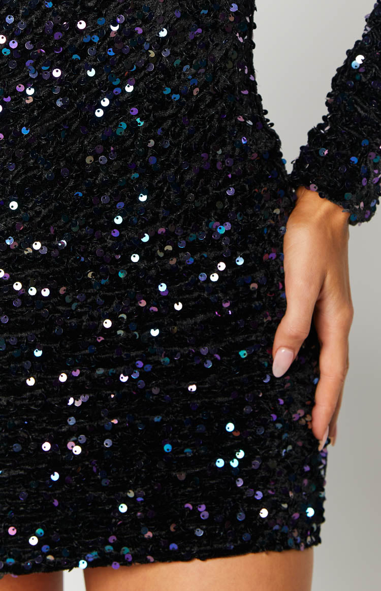 Annika Black Sequin Long Sleeve Mini Dress Image