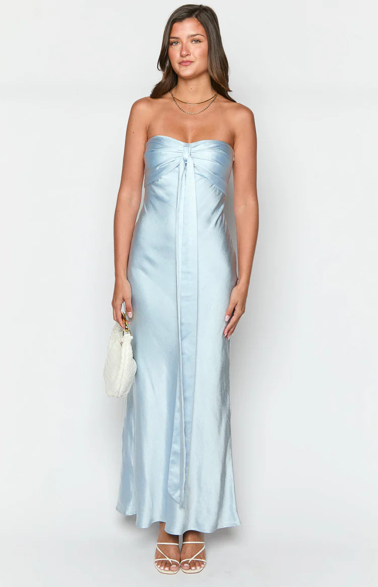 Ariella Blue Satin Strapless Maxi Dress - US 12 | Beginning Boutique Exclusive Ariella Blue Satin Strapless Maxi Dress - US 12 | Beginning Boutique Exclusive