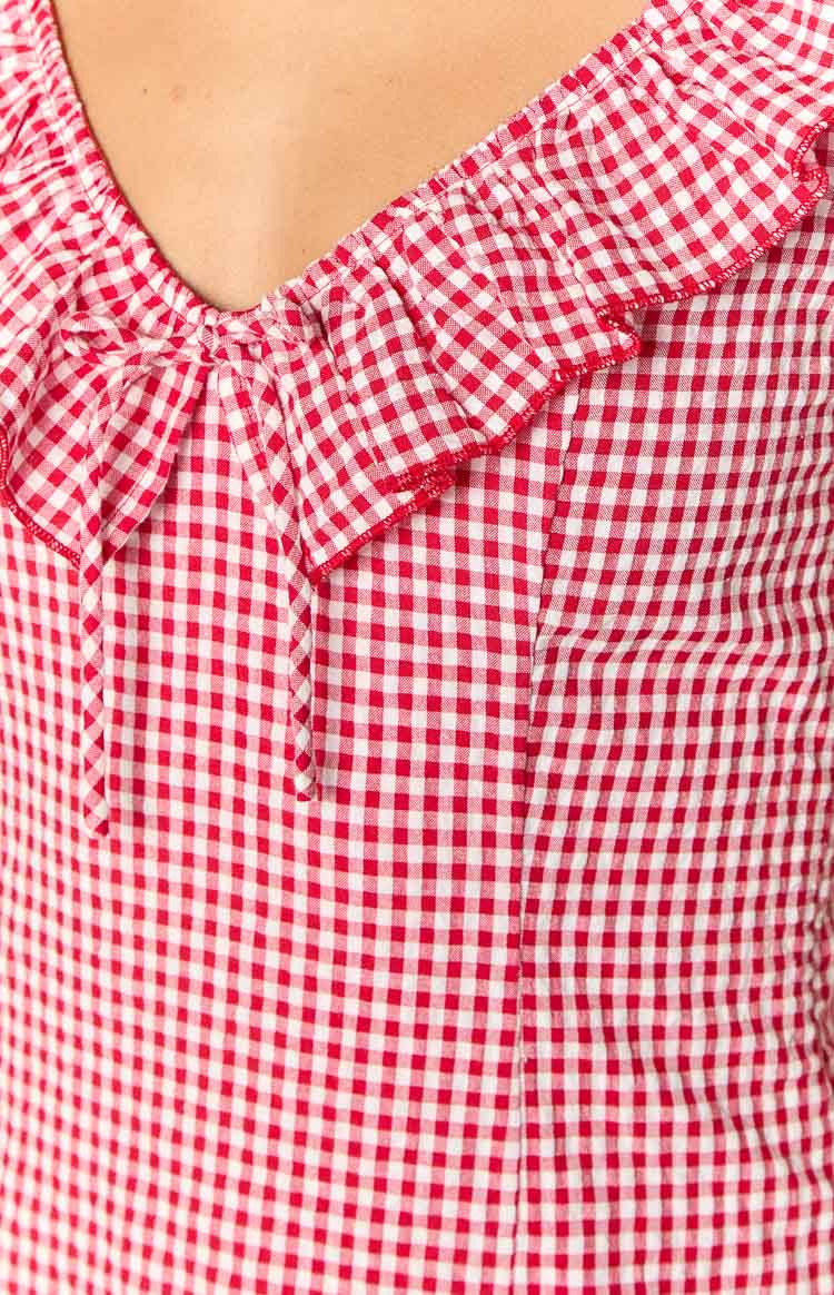 Close-up of the red gingham dress showing the ruffled V-neckline with a drawstring tie