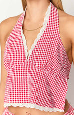 Arnie Red Gingham Broderie Lace Halter Top Image