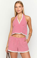 Arnie Red Gingham Broderie Lace Halter Top Image
