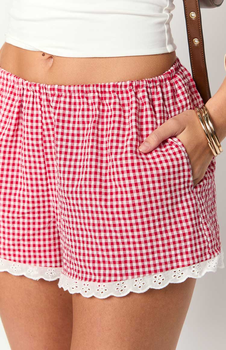 Arnie Red Gingham Broderie Lace Shorts Image