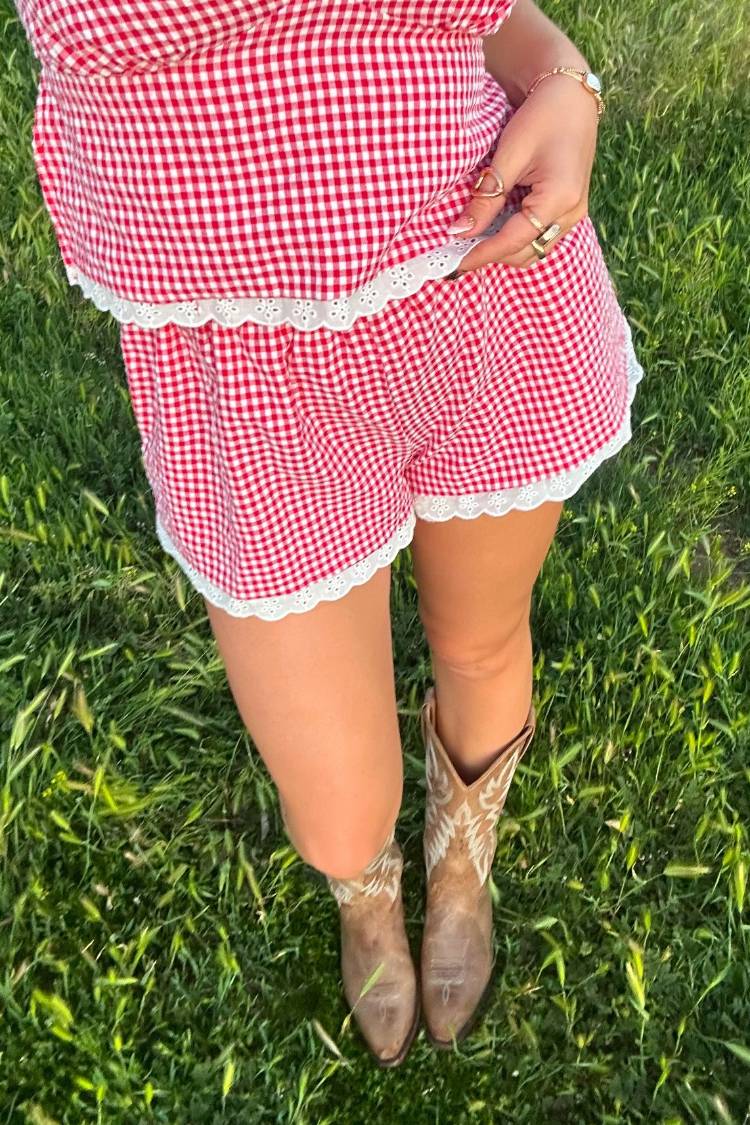 Arnie Red Gingham Broderie Lace Shorts | Beginning Boutique US
