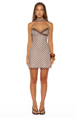 Front view of a brown and white diagonal stripe micro mini dress with a sweetheart neckline, thin straps, and matching choker