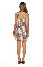 Rear view of the brown and white diagonal stripe micro mini dress with a square back and wide shoulder straps