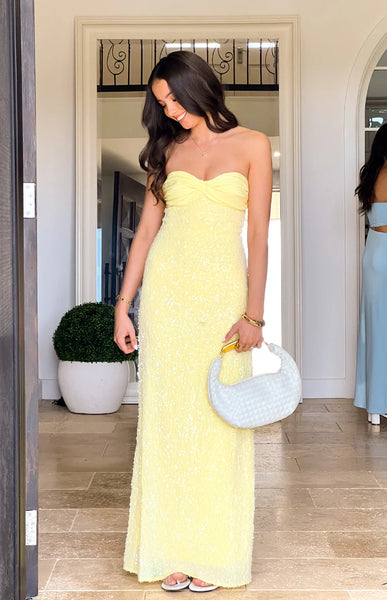 Ashley Yellow Sequin Strapless Maxi Dress | Beginning Boutique US Ashley Yellow Sequin Strapless Maxi Dress | Beginning Boutique US