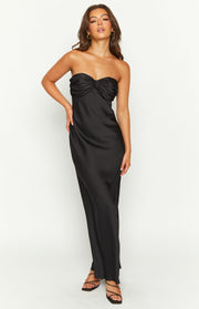 Black satin strapless maxi dress with a twisted ruched detail at the bust