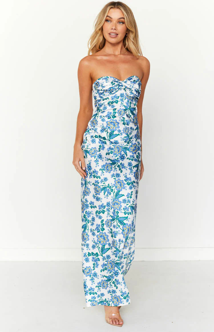 Ashley Blue Floral Formal Maxi Dress - US 2
