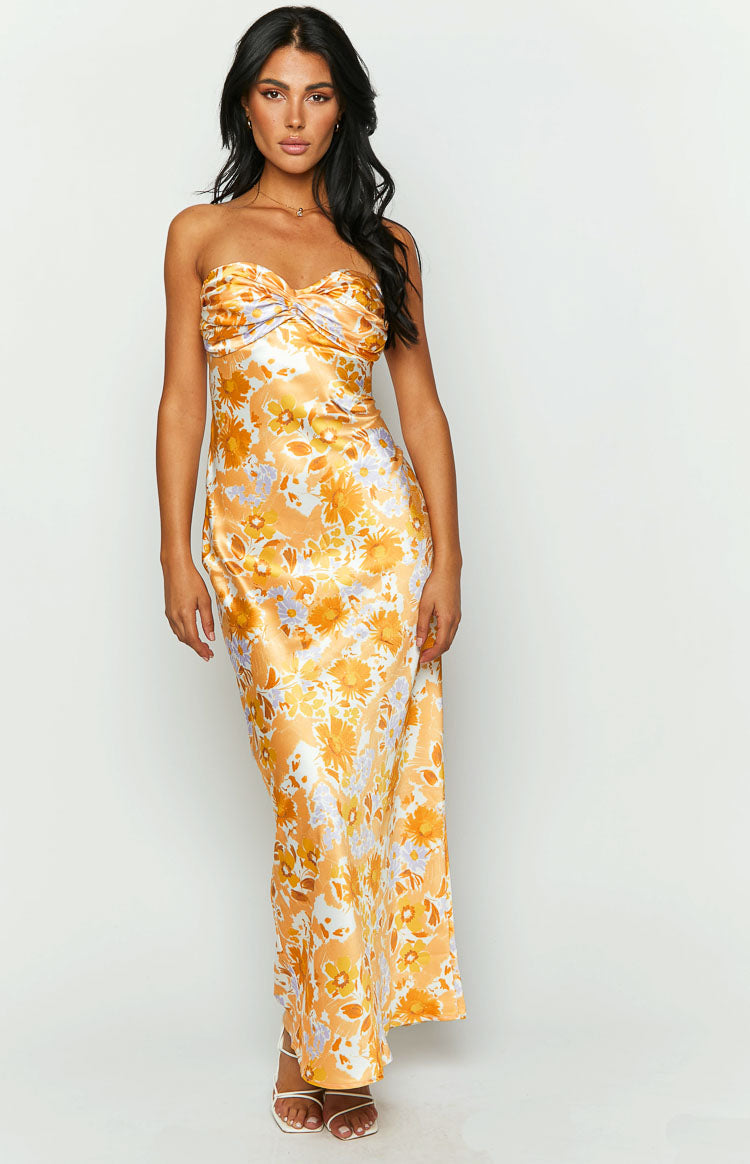 orange satin floral dress Evita | Orange Floral High-Neck Satin Mini Dress