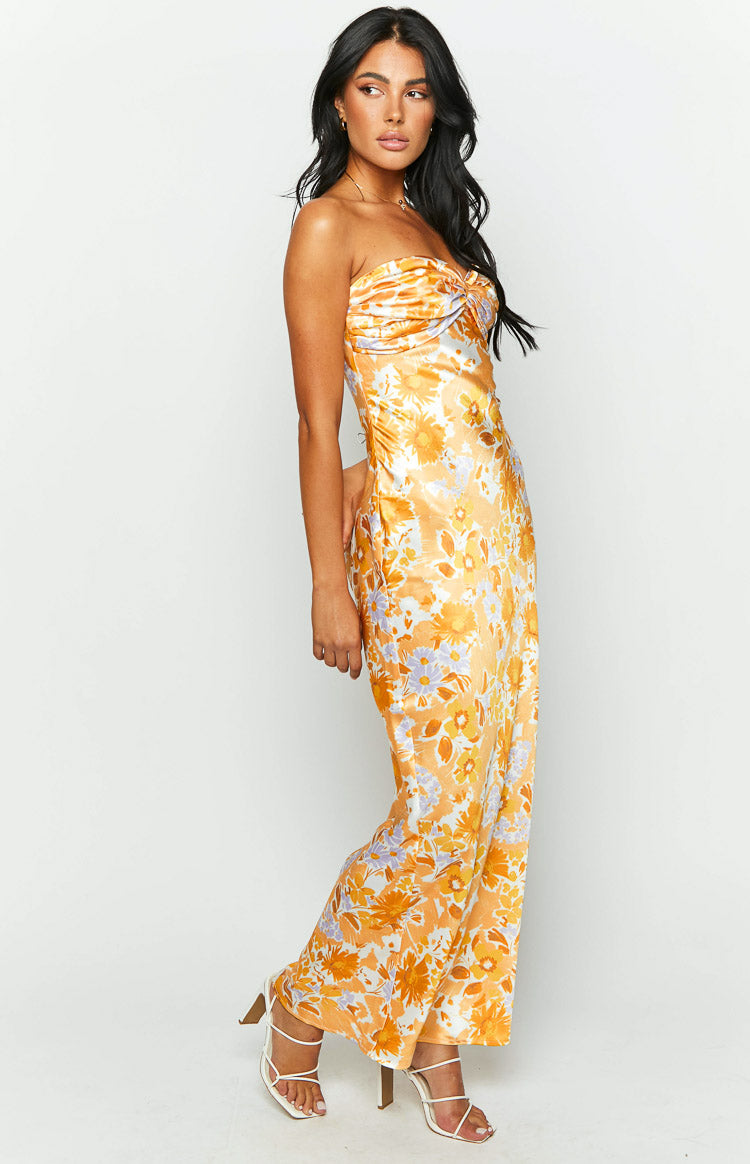 Ashley Orange Floral Formal Maxi Dress Image