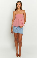 Red and white gingham halter top with a straight neckline, gathered peplum, and small white bows at the bust