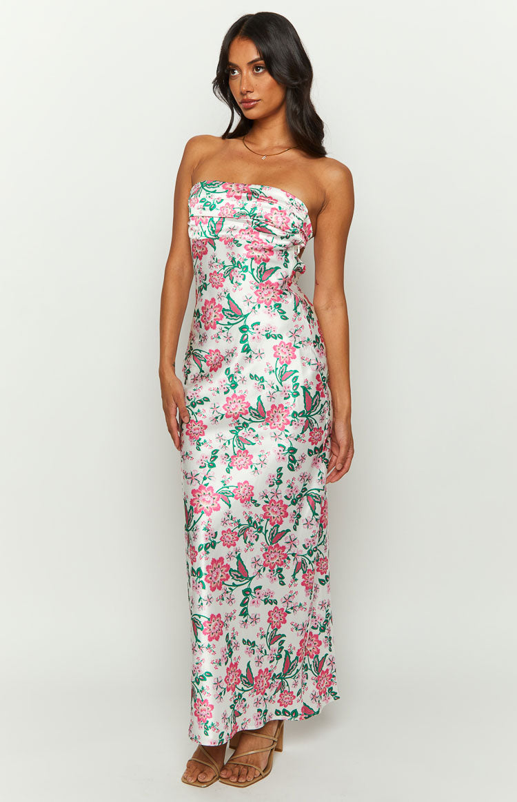 Astra Strapless Floral Satin Midi Dress - US 2 | Beginning Boutique Exclusive Astra Strapless Floral Satin Midi Dress - US 2 | Beginning Boutique Exclusive