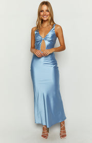 Light blue satin maxi dress with a V-neckline, twisted knot detail at the bust, and a large cutout on the midriff