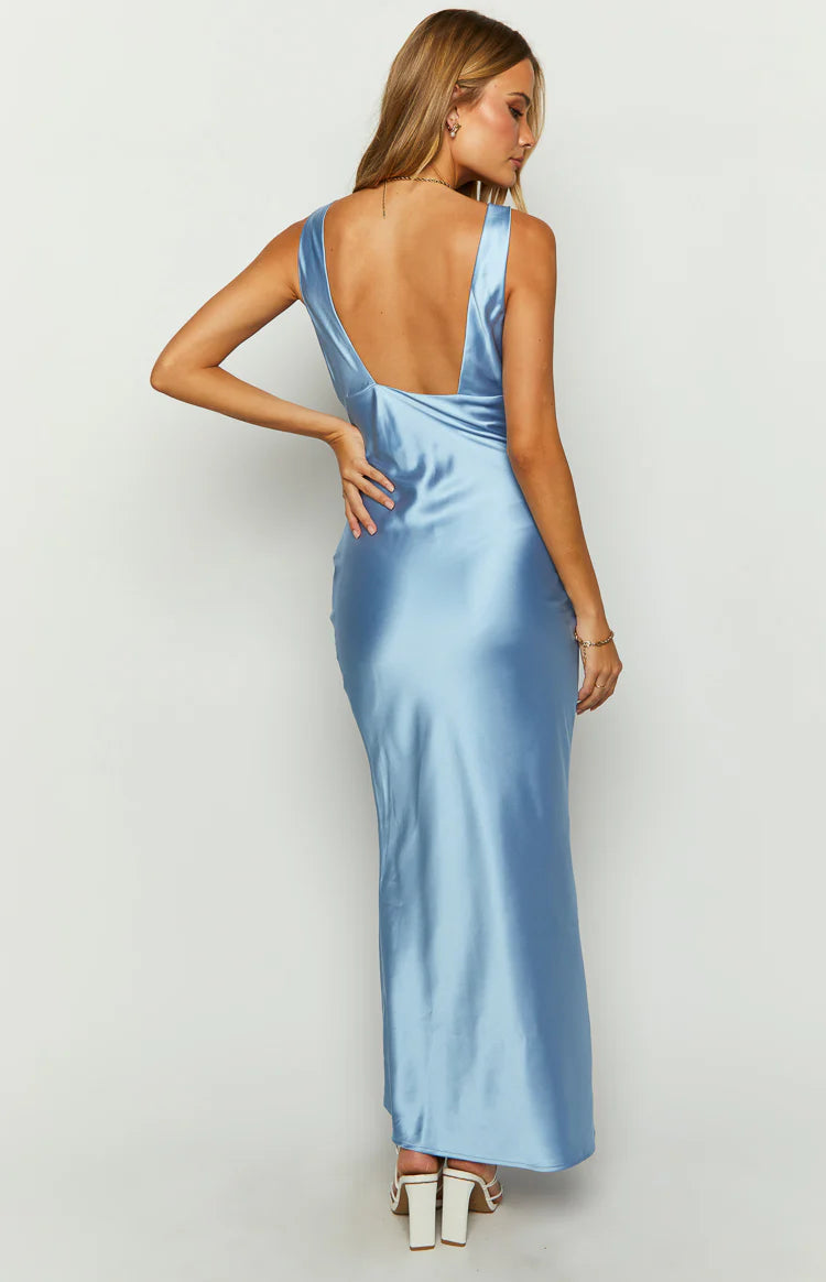 Attina Blue Satin Maxi Dress - US 18 | Beginning Boutique Exclusive Attina Blue Satin Maxi Dress - US 18 | Beginning Boutique Exclusive