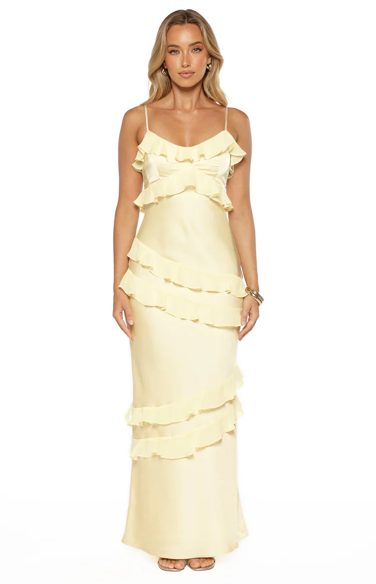Audra Yellow Ruffle Satin Maxi Dress - 12 | Beginning Boutique Exclusive Audra Yellow Ruffle Satin Maxi Dress - 12 | Beginning Boutique Exclusive