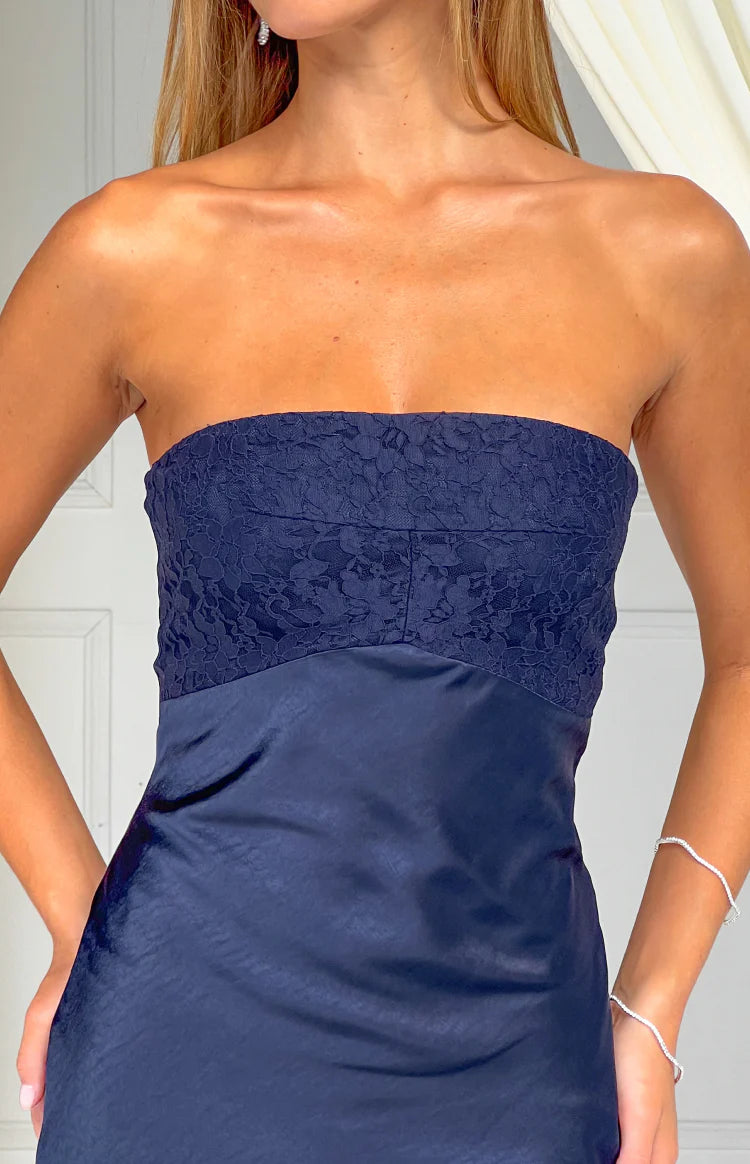 strapless navy blue lace dress Navy Strapless Lace Gown 23849