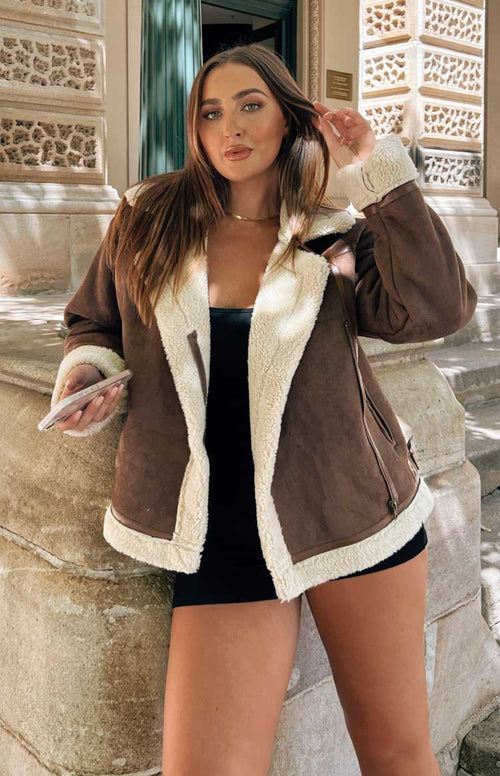 Aviator Brown Sherpa Jacket | Beginning Boutique US