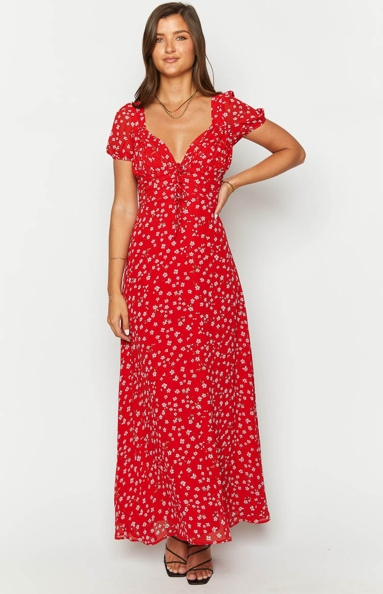 Ayla Red Floral Short Sleeve Maxi Dress Beginning Boutique US