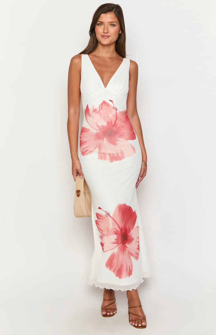 Beck White Floral Print Maxi Dress - US 8 Beck White Floral Print Maxi Dress - US 8
