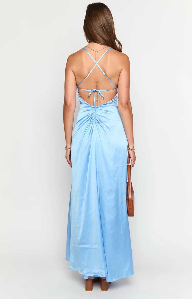 Blaise Blue Satin Maxi Dress - US 4 | Beginning Boutique Exclusive Blaise Blue Satin Maxi Dress - US 4 | Beginning Boutique Exclusive